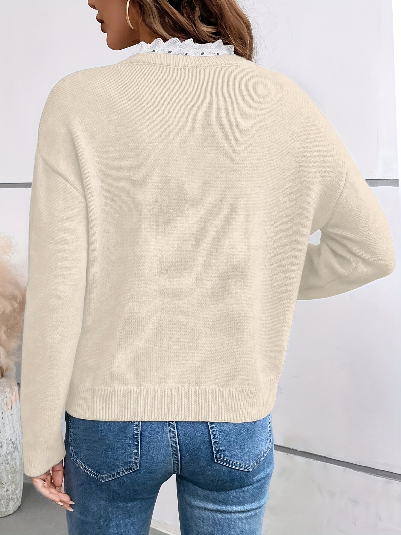 Elegant Lace-Collar Knit Sweater for Women – Luxury Drop-Shoulder Pullover with Romantic Details