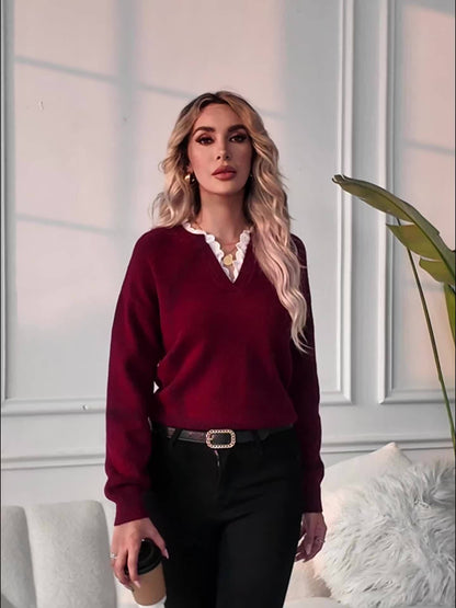 Elegant Lace-Collar Knit Sweater for Women – Luxury Drop-Shoulder Pullover with Romantic Details