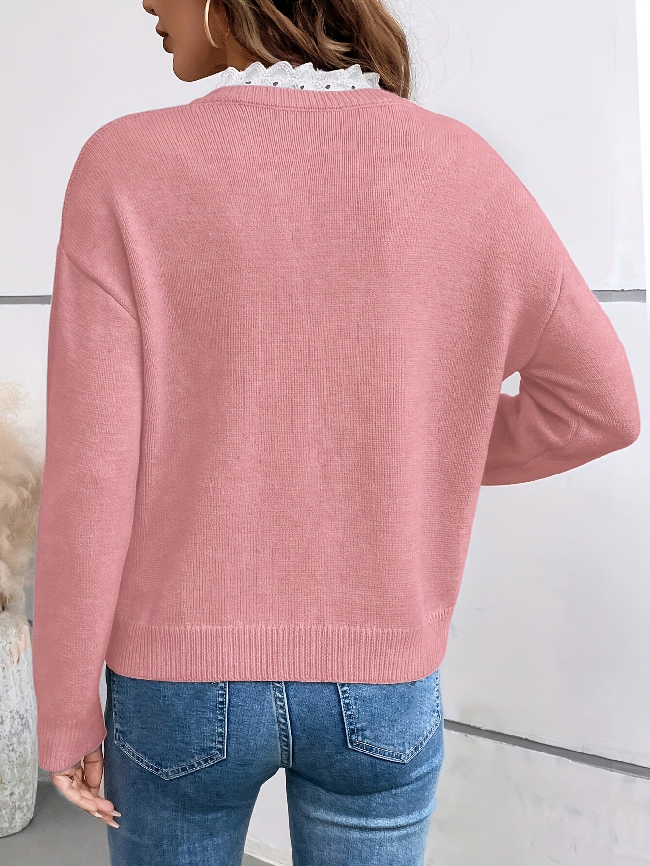 Elegant Lace-Collar Knit Sweater for Women – Luxury Drop-Shoulder Pullover with Romantic Details