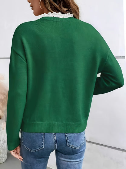 Elegant Lace-Collar Knit Sweater for Women – Luxury Drop-Shoulder Pullover with Romantic Details