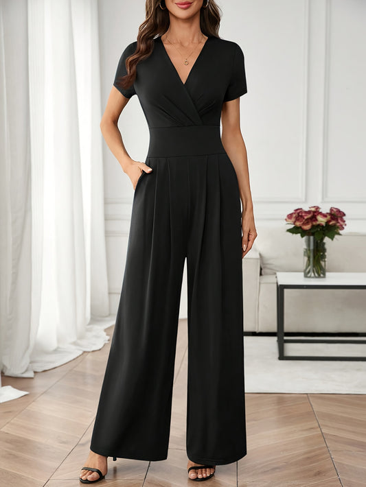 Women’s Elegant Knit Pantsuit – Short Length with V-Neck Design
