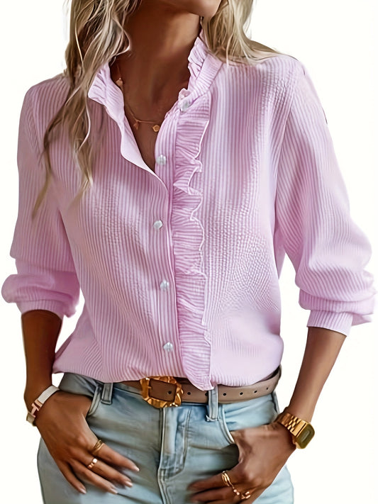 Women’s Elegant Striped Pleated Long-Sleeve Shirt with Stand Collar and Button Detail