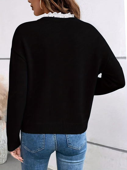 Elegant Lace-Collar Knit Sweater for Women – Luxury Drop-Shoulder Pullover with Romantic Details