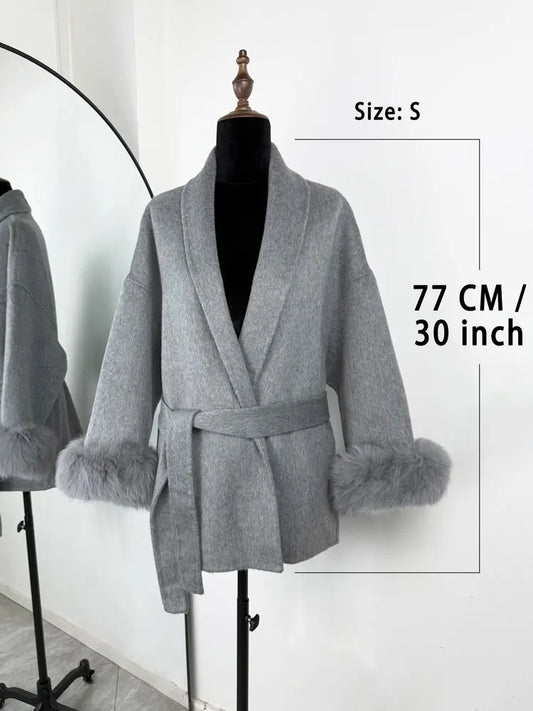 Tossy Fox Fur Wool Overcoat – Women’s Short Double-Faced Wool Coat with Loose Fit, Elegant Office-Ready Outerwear