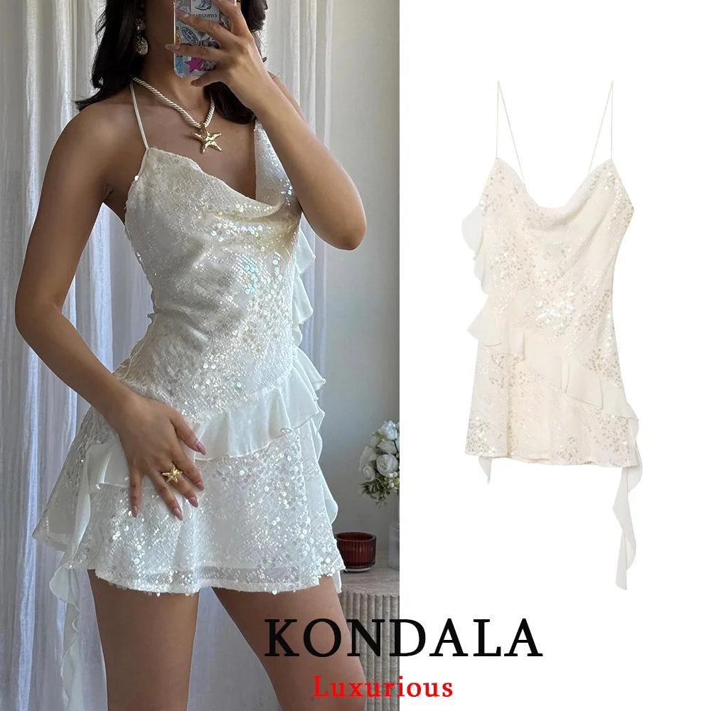 KONDALA Women’s Sequined Cami Mini Dress – Sexy Backless Tiered Party Style