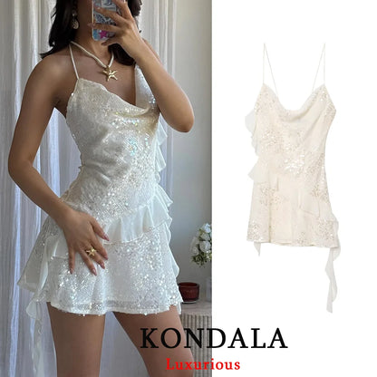 KONDALA Women’s Sequined Cami Mini Dress – Sexy Backless Tiered Party Style