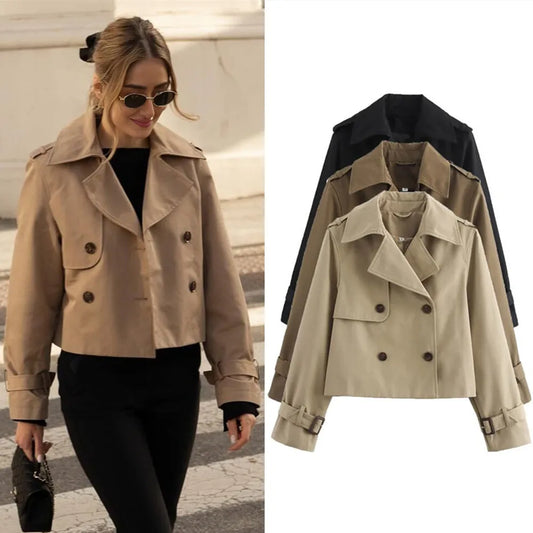 Women’s Vintage Cropped Trench Jacket – Double Breasted Long Sleeve Chic Streetwear Coat