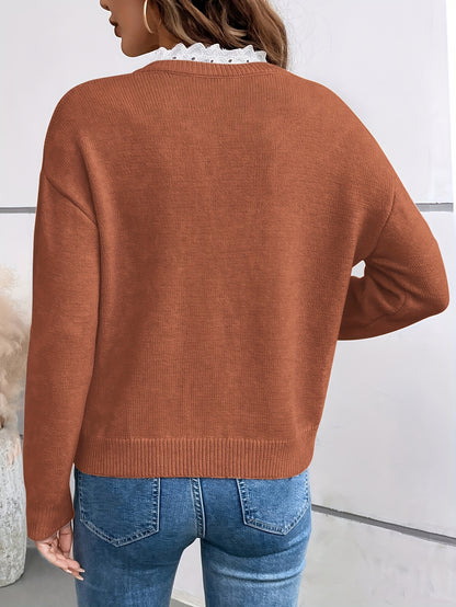 Elegant Lace-Collar Knit Sweater for Women – Luxury Drop-Shoulder Pullover with Romantic Details