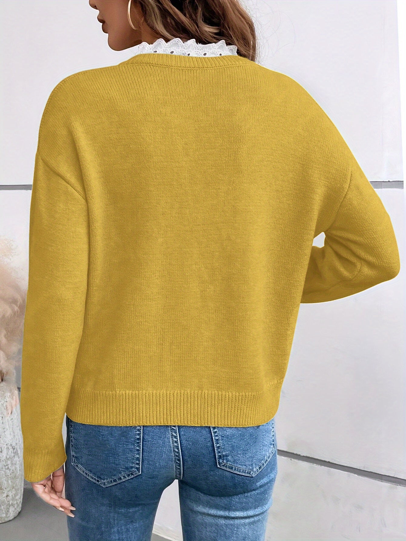 Elegant Lace-Collar Knit Sweater for Women – Luxury Drop-Shoulder Pullover with Romantic Details